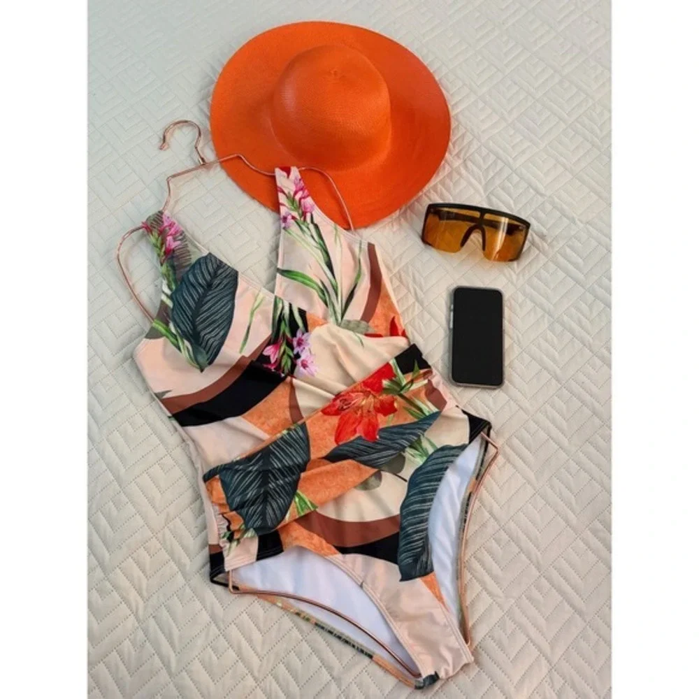 IDOPIP Floral One‎ Piece Swimsuit Padded Wrap Front Tropical Print Beachwear M